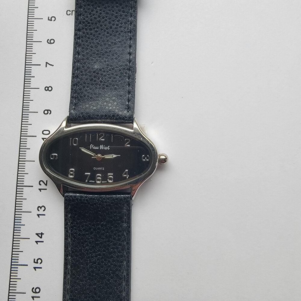 Pierre Nicol Womens Oval Dress Wristwatch Black Dial Faux Leather Strap Japan